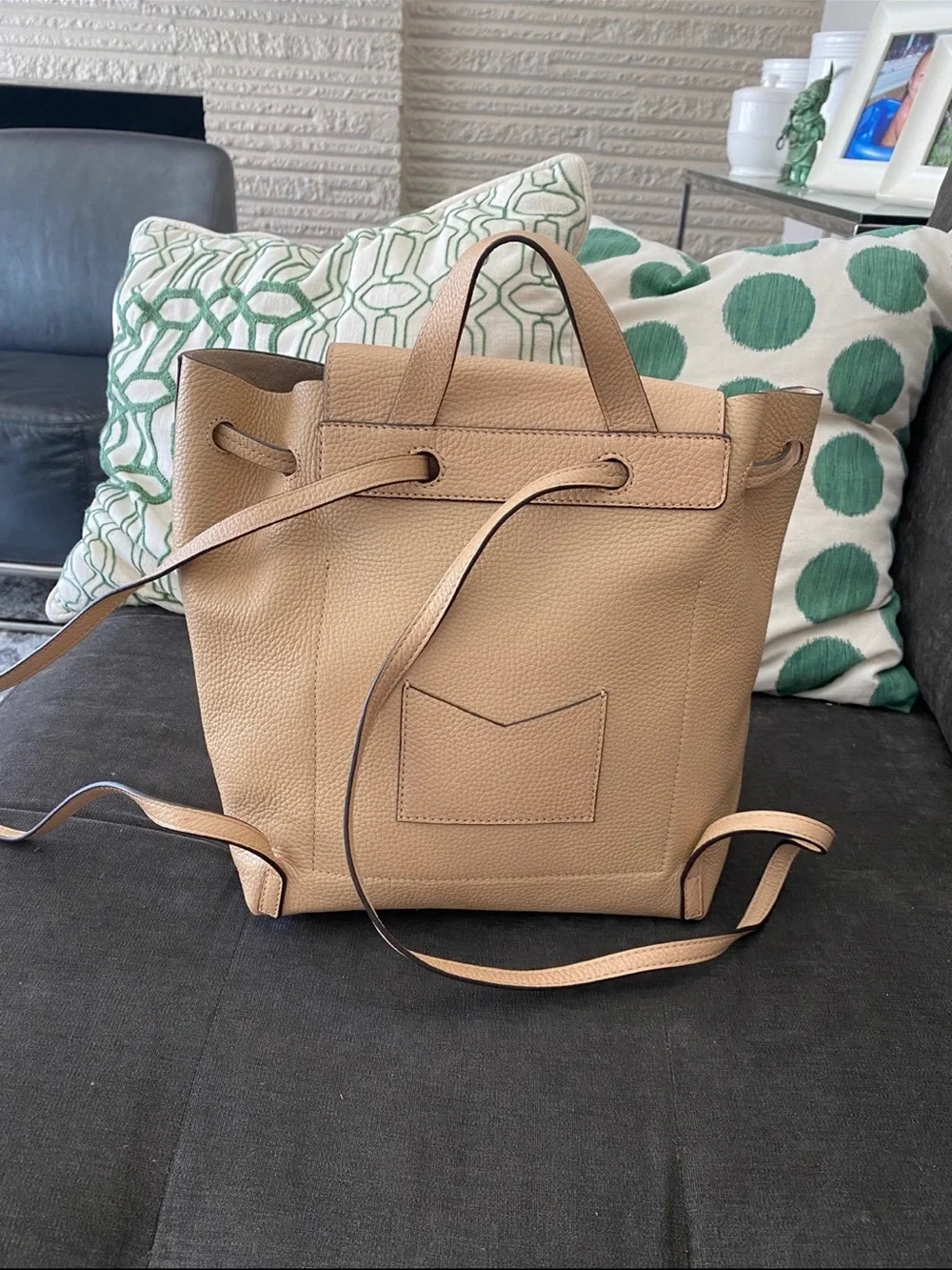 Michael Kors Pebbled Leather Junie Drawstring Backpack in tan